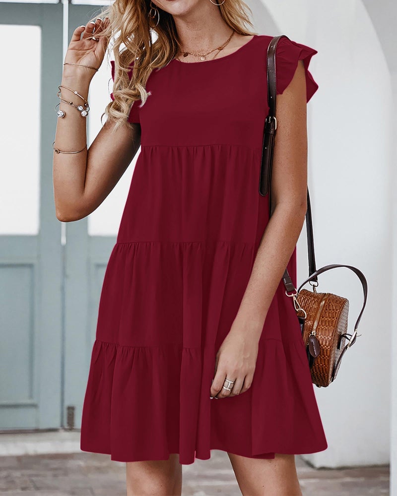 KIRUNDO Wedding Guest Dresses for Women Short Summer Sleeveless Ruffle Sleeve Round Neck Loose Short Flowy Pleated Tiered Mini Dress(Wine Red, Small) - Image 3